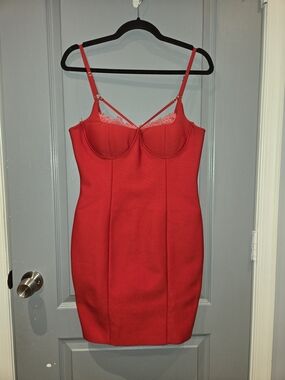 Pink Lace-Trimmed Red Bodycon Mini Dress